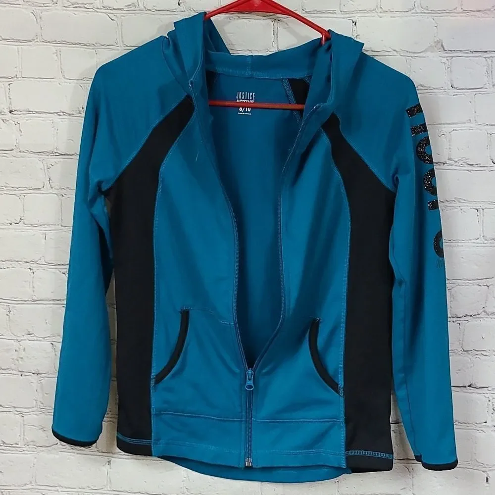 Justice Active 8/10 Girls Hoops Basketball Zip Up Jacket Soft Sporty Blue Hoodie